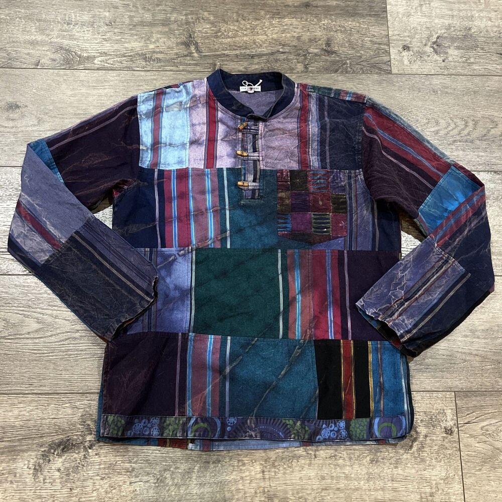 Earthbound Trading Co Patchwork Shirt Mens L Nepal Boho Hippie Toggle Pullover